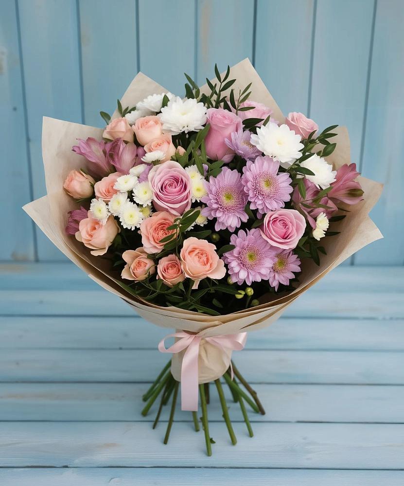 Букет цветов из: Хризантемы, Розы и Альстромерии в Магадане