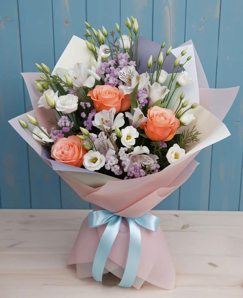 Букет цветов из: Лизиантусы, Розы, Альстромерии и Гипсофила в Магадане