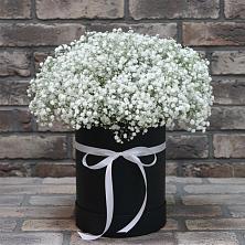 Цветочная композиция из Гипсофила в шляпной коробке в Магадане