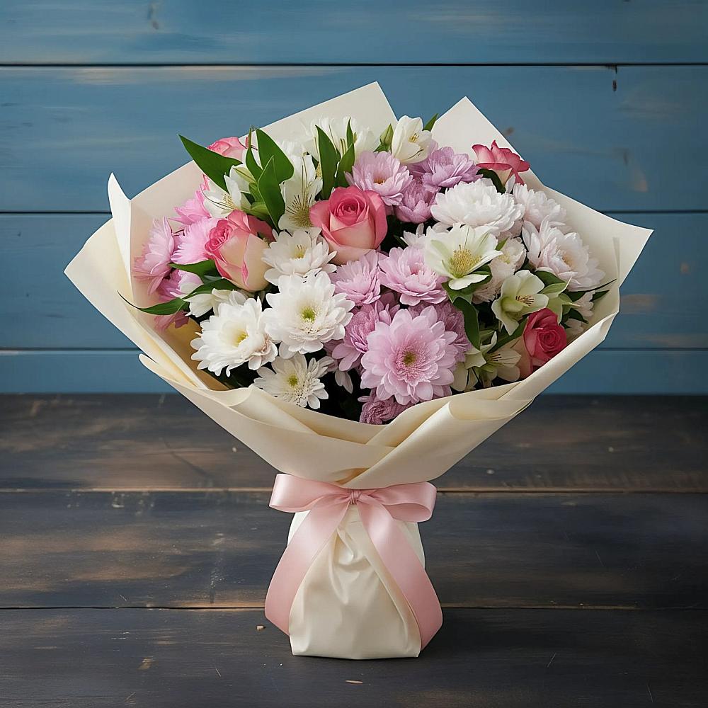 Букет цветов из: Хризантемы, Альстромерии и Розы в Магадане